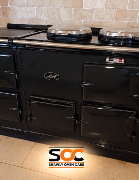 Four-door black AGA with polished chrome lids after a full detail clean in Ratcliffe Culey, near Atherstone.