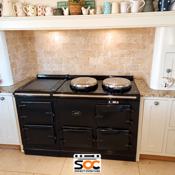 Finished four-door AGA in its kitchen after non-caustic cleaning by Shawly Oven Care in Ratcliffe Culey.